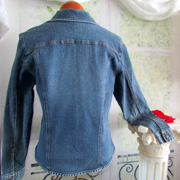 DENIM JACKET, L, + RED BANDANA SCARF, WILL SMITH WOMEN'S BLUE JEAN STRETCH COAT - Picture 7 of 7